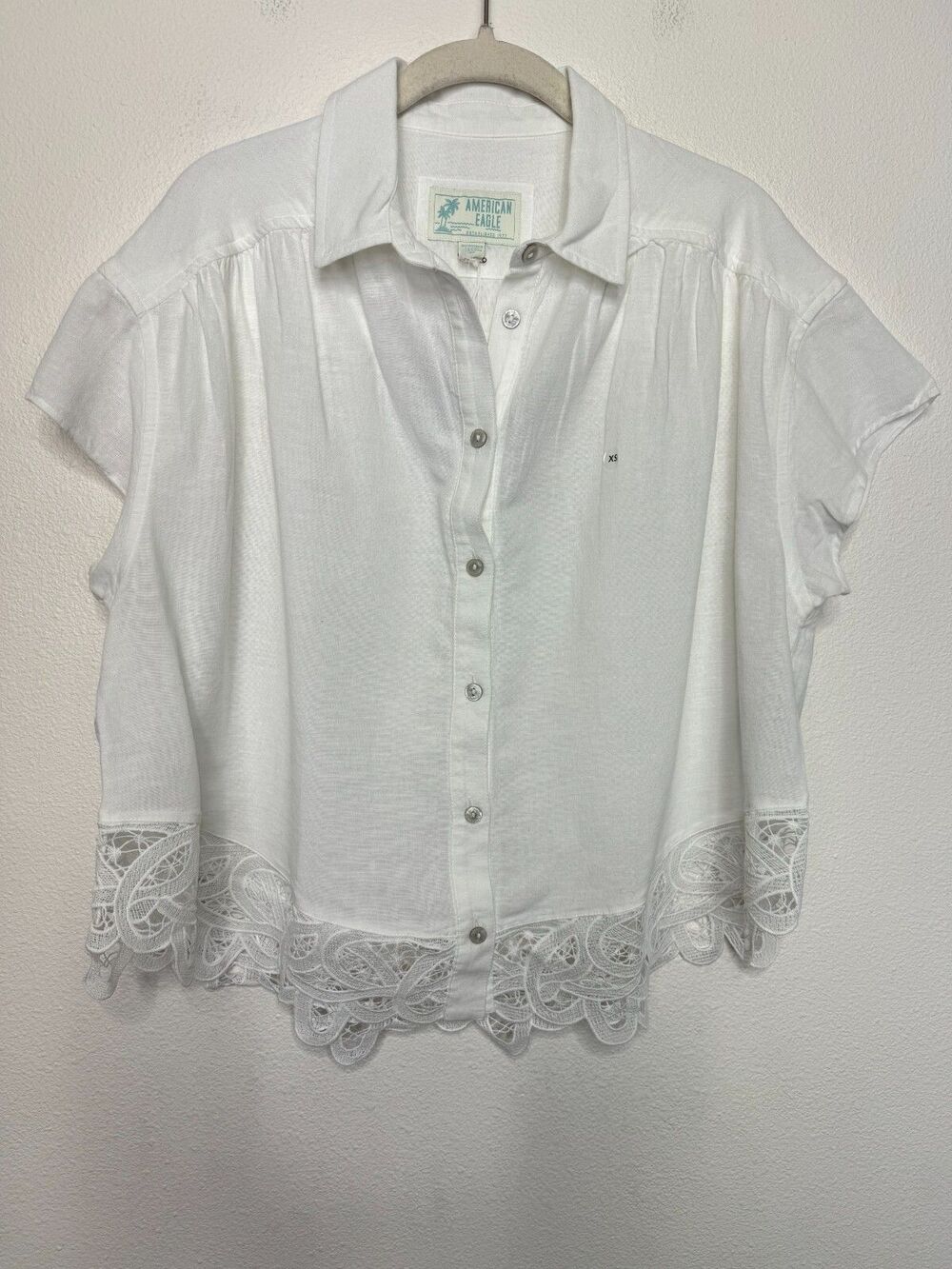 American Eagle XS Oversized Resort Lace Shirt White Button Up Cotton Linen NWT